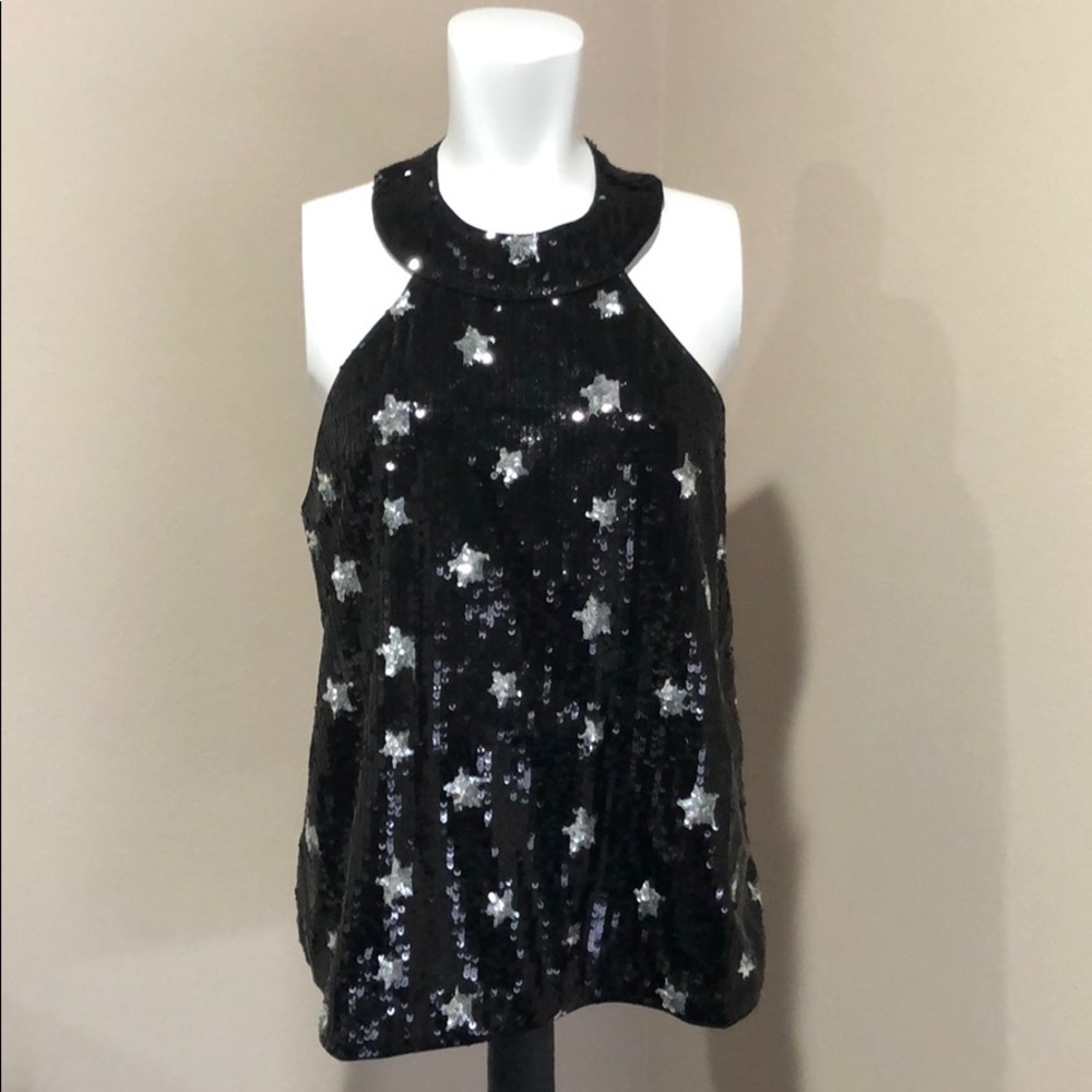NWT Black and silver sequin tank top key hole neck
